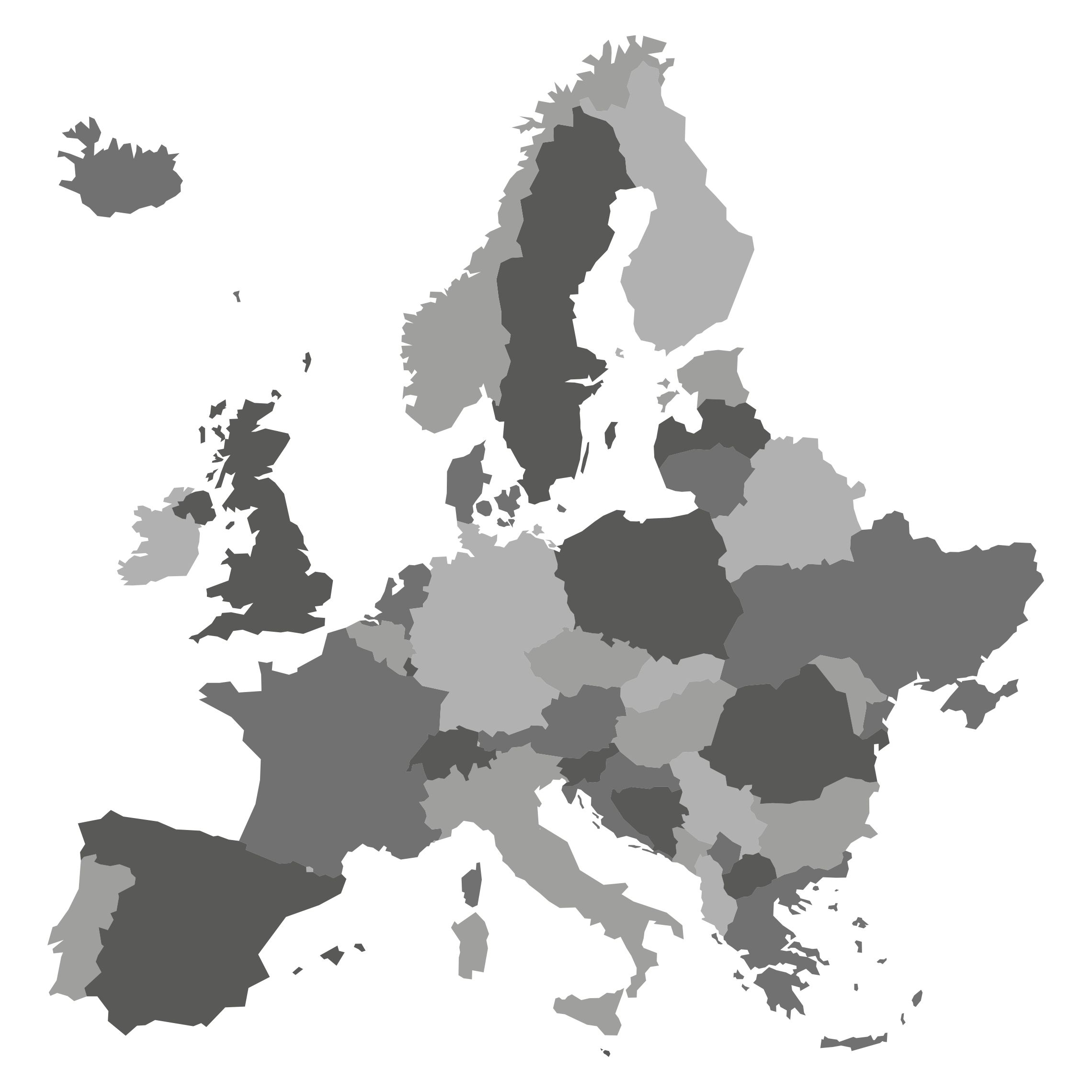 Map of Europe in grayscale, used with contact information.