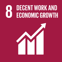 Global Goal 8: Decent Work and Economic Growth – symbol with rising white graph on dark red background.