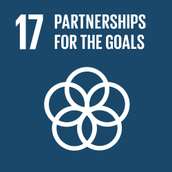 Global Goal 17: Partnerships for the Goals – symbol with interlinked white circles on dark blue background.